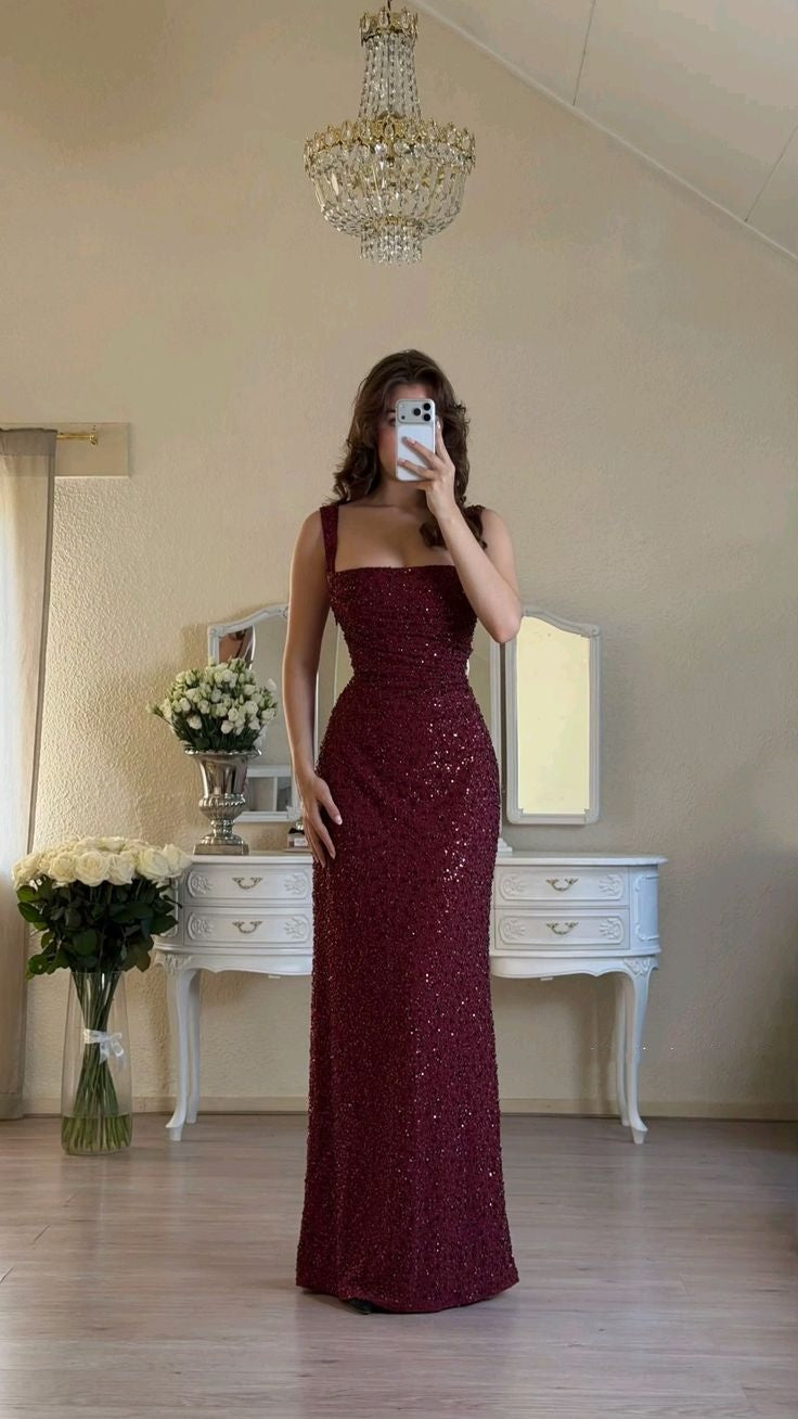 Sexy Meerjungfrauen-Abendkleid mit eckigem Ausschnitt, burgunderrot mit Pailletten, langes formelles Abendkleid, Hochzeitskleid N357