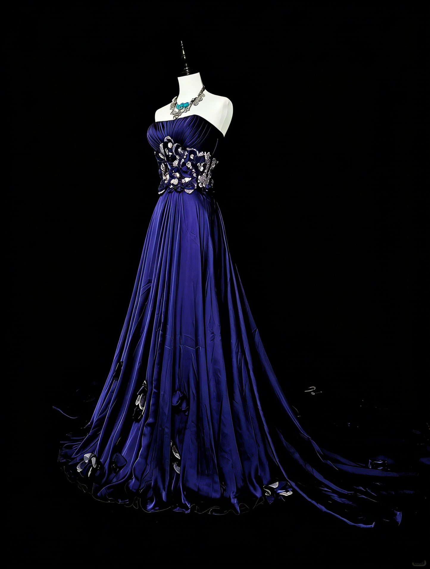 Vintage A-Linien-Kleid, trägerlos, königsblau, Satin, ärmellos, 90er-Jahre-Stil, Inspiration für langes, formelles Abendkleid N1499