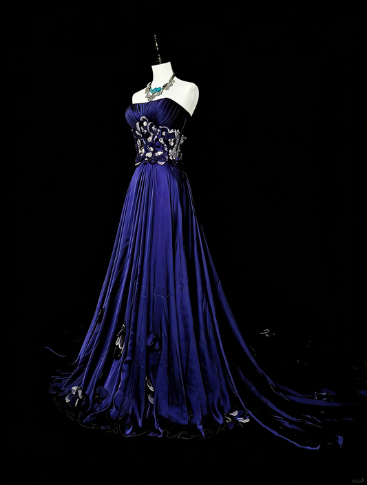 Robe de bal vintage années 90, coupe trapèze, sans bretelles, en satin bleu roi, sans manches, inspiration années 90, robe de soirée longue et élégante N1499