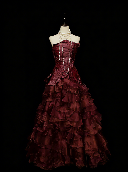 Cute Ball Gown Strapless Burgundy With Ruffles Long Party Gowns Prom Dresses N2141