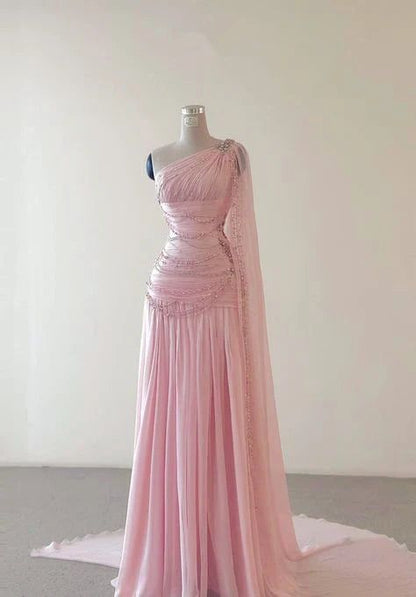 Robe de soirée longue asymétrique en mousseline rose pour bal de promo N2392