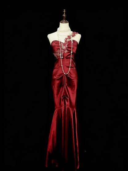 Vintage-Stil: Meerjungfrauen-Kleid mit One-Shoulder-Ausschnitt in Burgunderrot im Stil der 80er, 70er und 90er Jahre – ideal für College, Abschlussball oder andere festliche Anlässe (N1156)