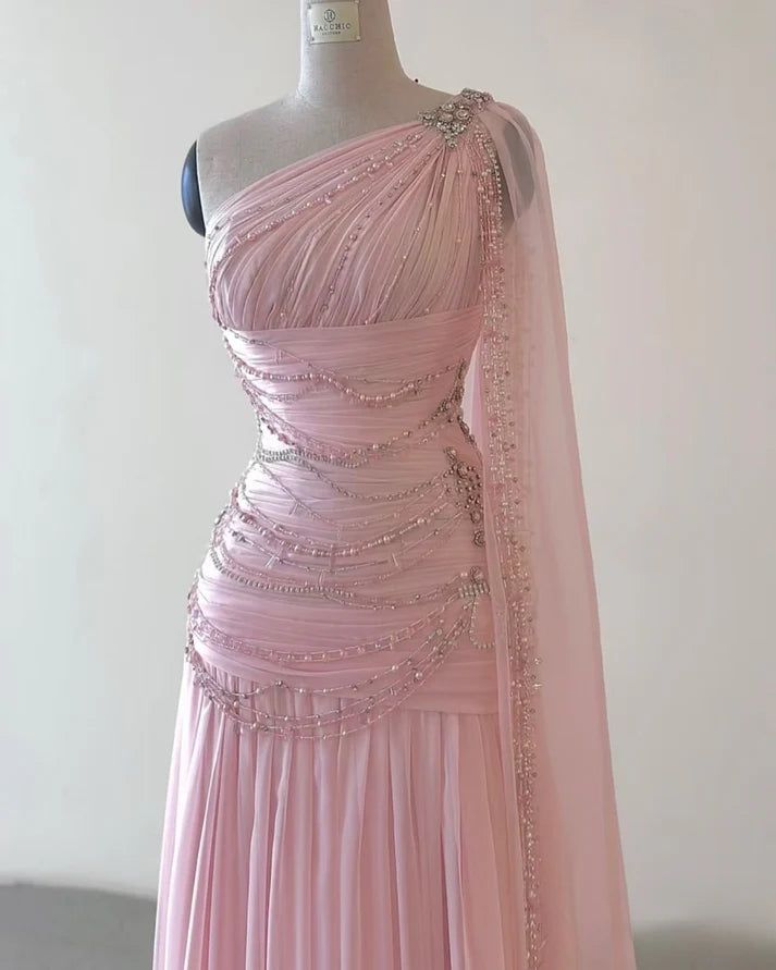 Robe de soirée longue asymétrique en mousseline rose pour bal de promo N2392
