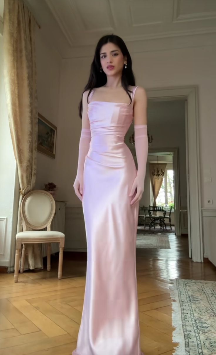 Elegantes, langes, rosafarbenes Meerjungfrauen-Abendkleid aus Satin mit Spaghettiträgern für Teenager, formelles Abendkleid, Partykleid, Ballkleid mit Handschuhen AC022