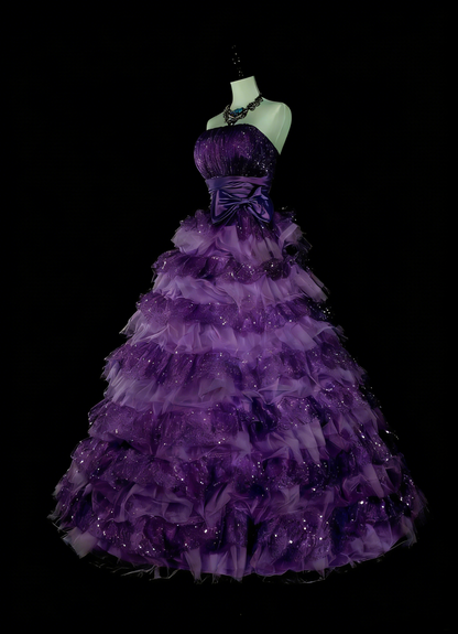 Vintage Ballkleid, trägerlos, lila Tüll, gestuft, Sweet 16 Kleider, Quinceañera Kleid, lang, Vestidos De Fiesta N1496