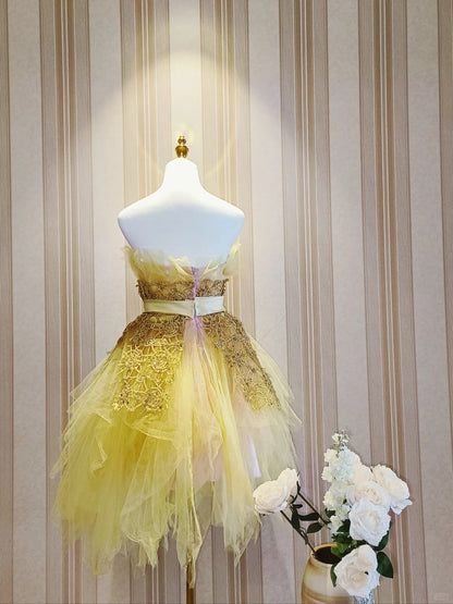 Mignonne Robe de Bal Courte en Tulle Jaune sans Bretelles, Robe de Soirée Cocktail, Robe de Rentrée N4195