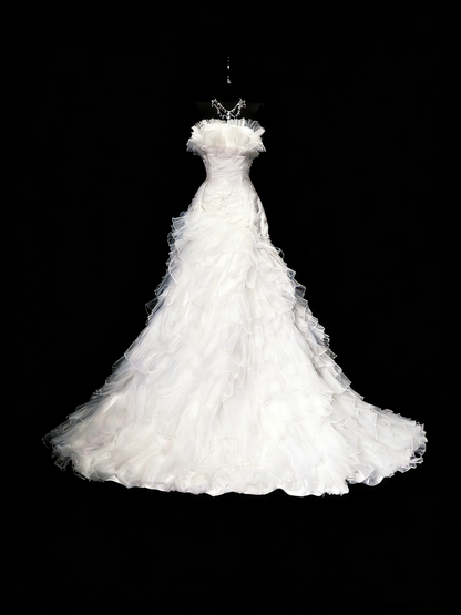 Vintage 80er Jahre Brautkleid Meerjungfrau trägerlos Tüll weiß gerafft Lagen langes Brautkleid figurbetontes Brautkleid N1208