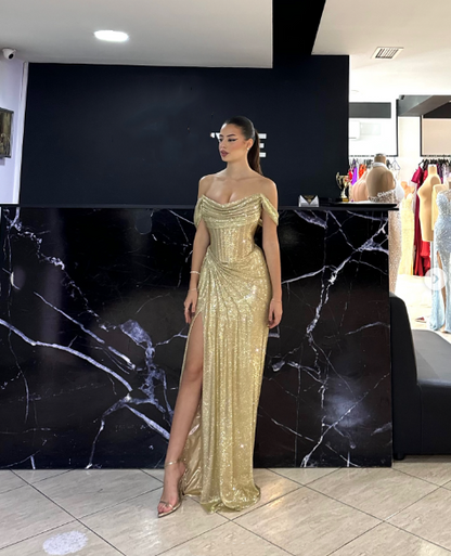 Modest Senior Prom Dresses High Schools Inspiration Mermaid Off The Shoulder Sequin Gold With Slit Semi Formal Grad Long Prom Dress For Teens AB2118