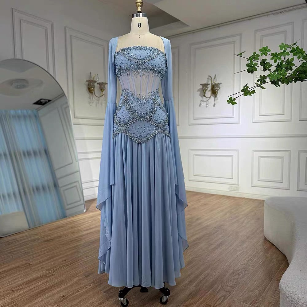 Robe de bal élégante en mousseline de soie bleue, coupe trapèze, sans bretelles, ornée de perles, tenue de soirée pour 20e anniversaire, RB1966