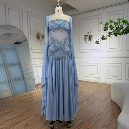 Robe de bal élégante en mousseline de soie bleue, coupe trapèze, sans bretelles, ornée de perles, tenue de soirée pour 20e anniversaire, RB1966