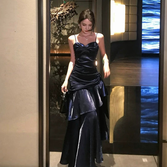 Robe de soirée sirène longue exquise en satin bleu marine vintage Robe de bal Robe de soirée de princesse N780