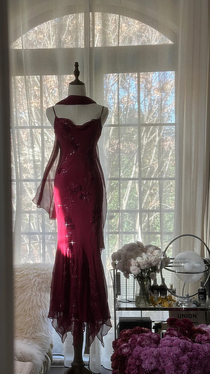 Elegant Mermaid Spaghetti Straps Burgundy Chiffon Prom Dresses Inspiration Trending Evening Gowns Formal Party Prom Dress B374
