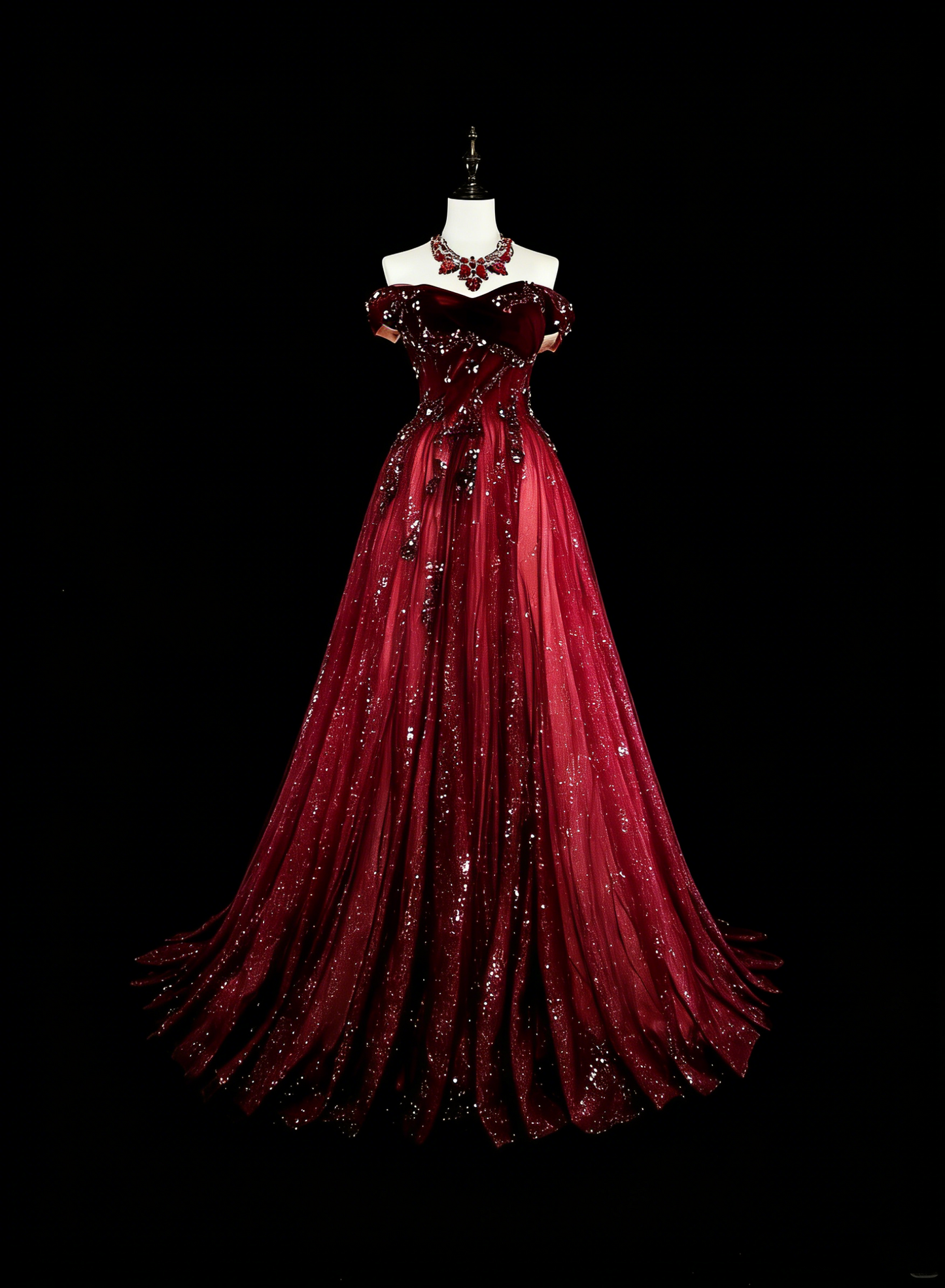 Schulterfreies, glitzerndes A-Linien-Abendkleid in Burgunderrot mit Applikationen, weinrotes Partykleid N1777