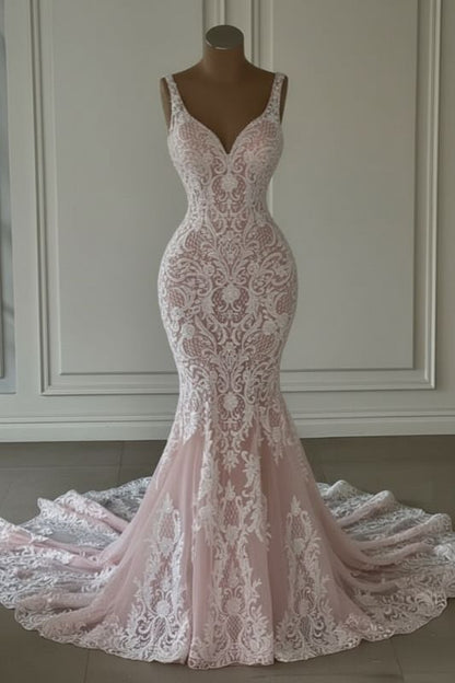 Meerjungfrauen-Hochzeitskleid aus Spitze mit herzförmigem V-Ausschnitt, langem Brautkleid mit Schleppe AB1708