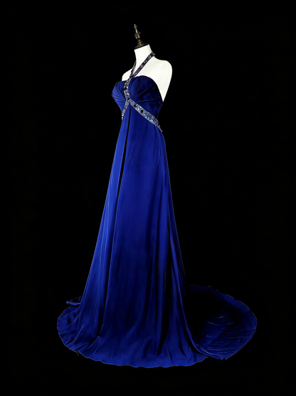 Vintage A-Linien-Abendkleid aus königsblauem Chiffon im Stil der 90er Jahre, formelles Geburtstagskleid, langes Ballkleid N1751