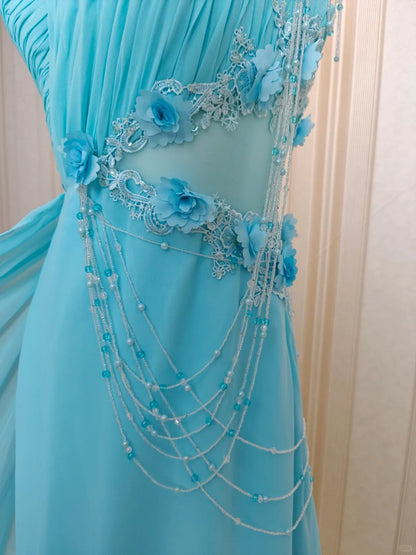 Vintage Ballkleider A-Linie One Shoulder Blau Chiffon 80er Jahre Mit Blumen Lange Formelle Abendgarderobe N4217