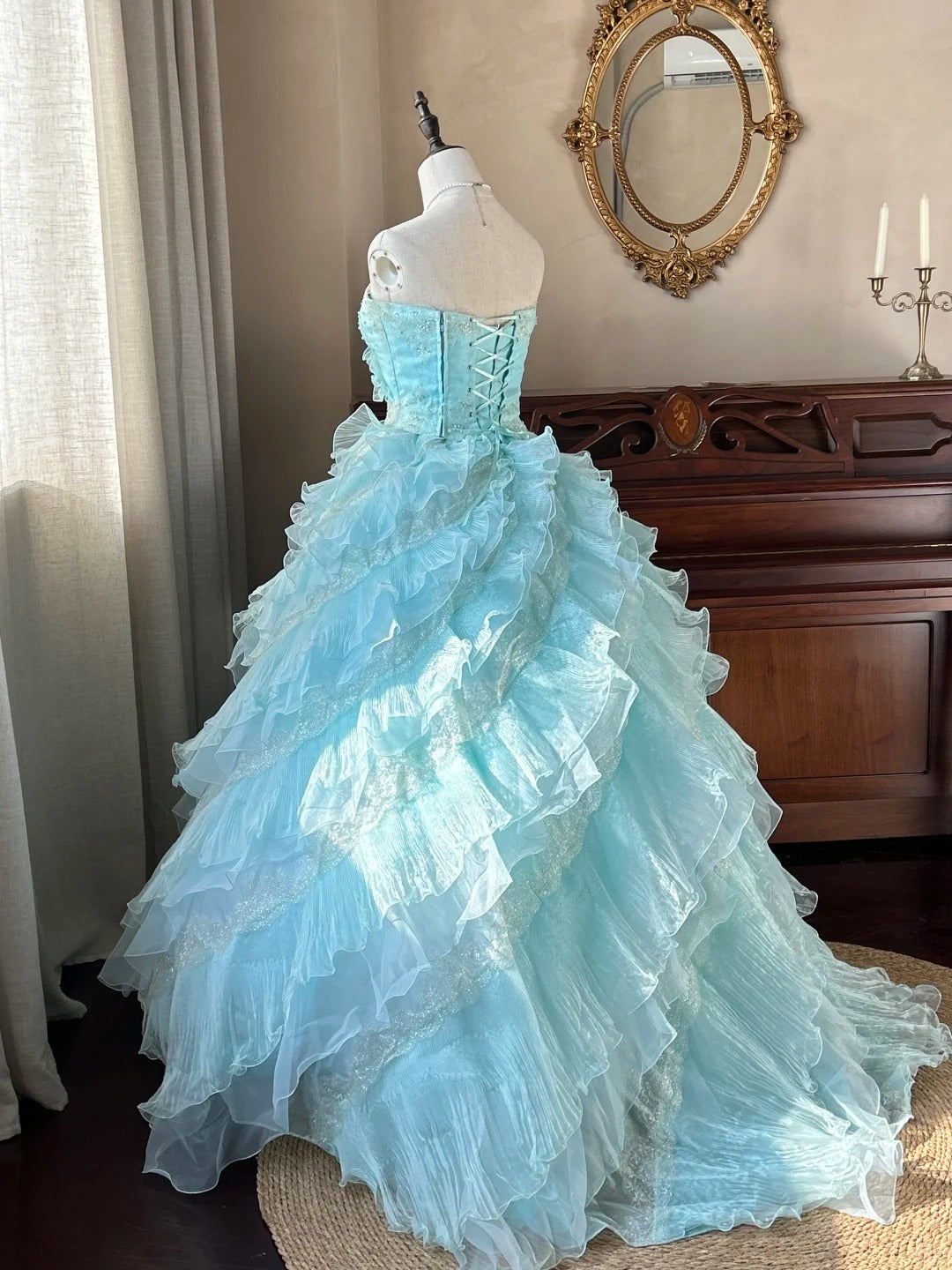 Süßes ballkleid trägerlos hellblau mit gestuften Lagen Sweet 16 Kleider Lang 15 Vestidos De Fiesta N2268