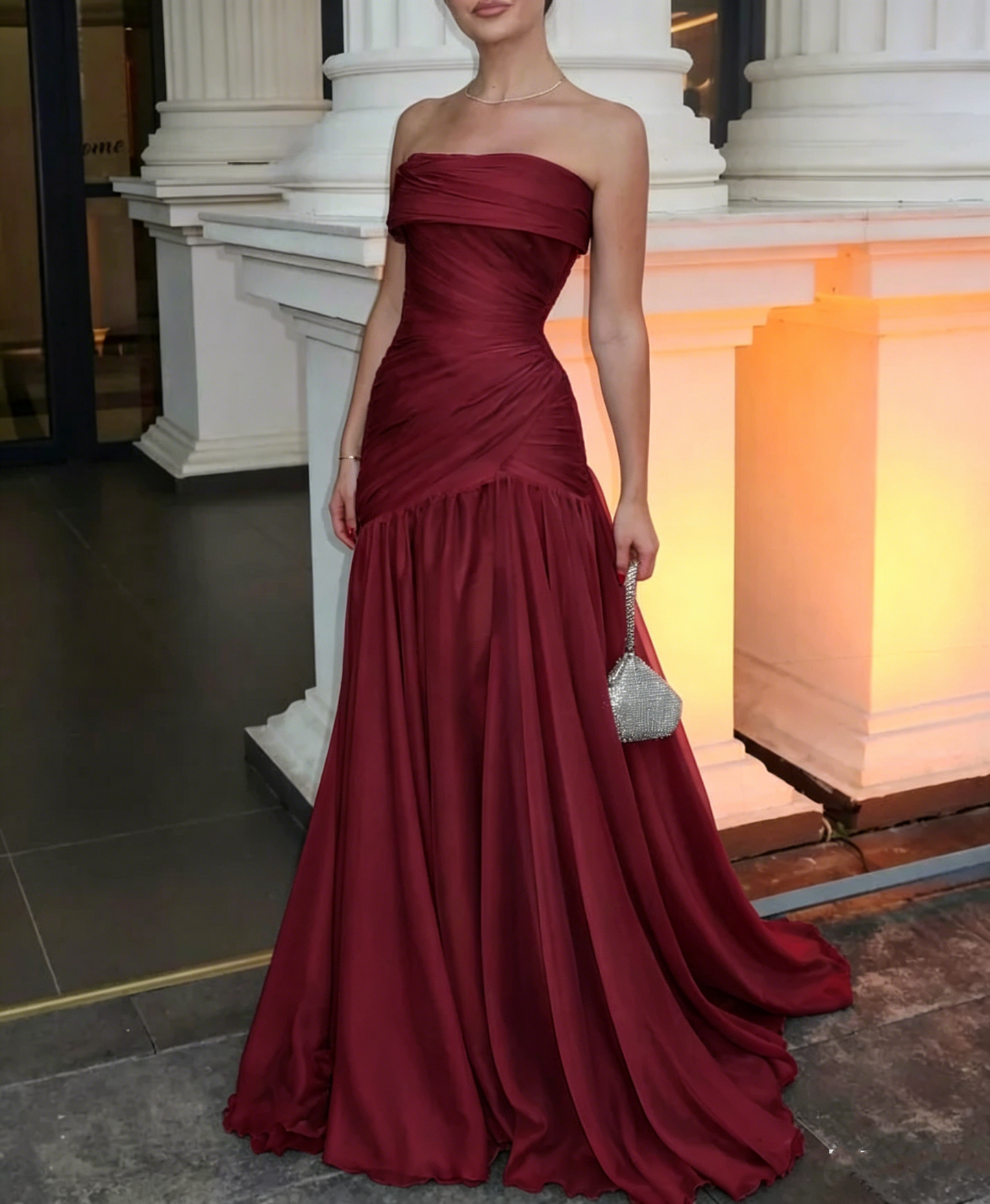 Magnifique robe de bal longue bleue chic, sans bretelles ni manches, coupe trapèze, avec plis, AB393