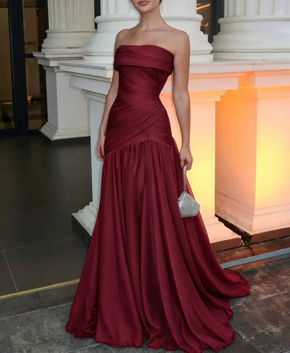 Magnifique robe de bal longue bleue chic, sans bretelles ni manches, coupe trapèze, avec plis, AB393