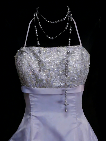 Robe de bal vintage dos nu en taffetas lilas années 80/90, sans manches, longue, robe de soirée formelle N1442