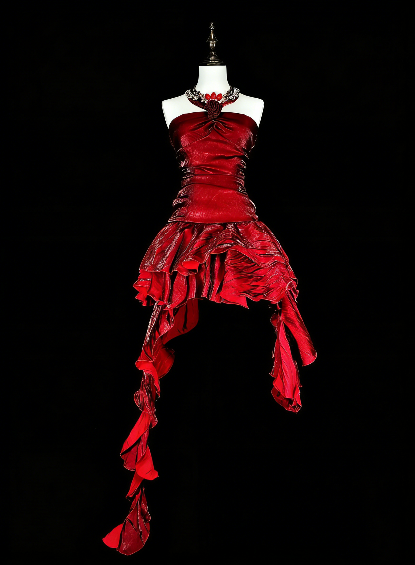 Vintage Ballkleid, asymmetrischer Saum, Neckholder, burgunderrot mit Perlenstickerei, langes Abendkleid, Partykleid, Modekleid N1826
