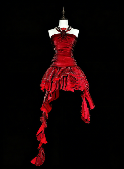 Vintage Ballkleid, asymmetrischer Saum, Neckholder, burgunderrot mit Perlenstickerei, langes Abendkleid, Partykleid, Modekleid N1826
