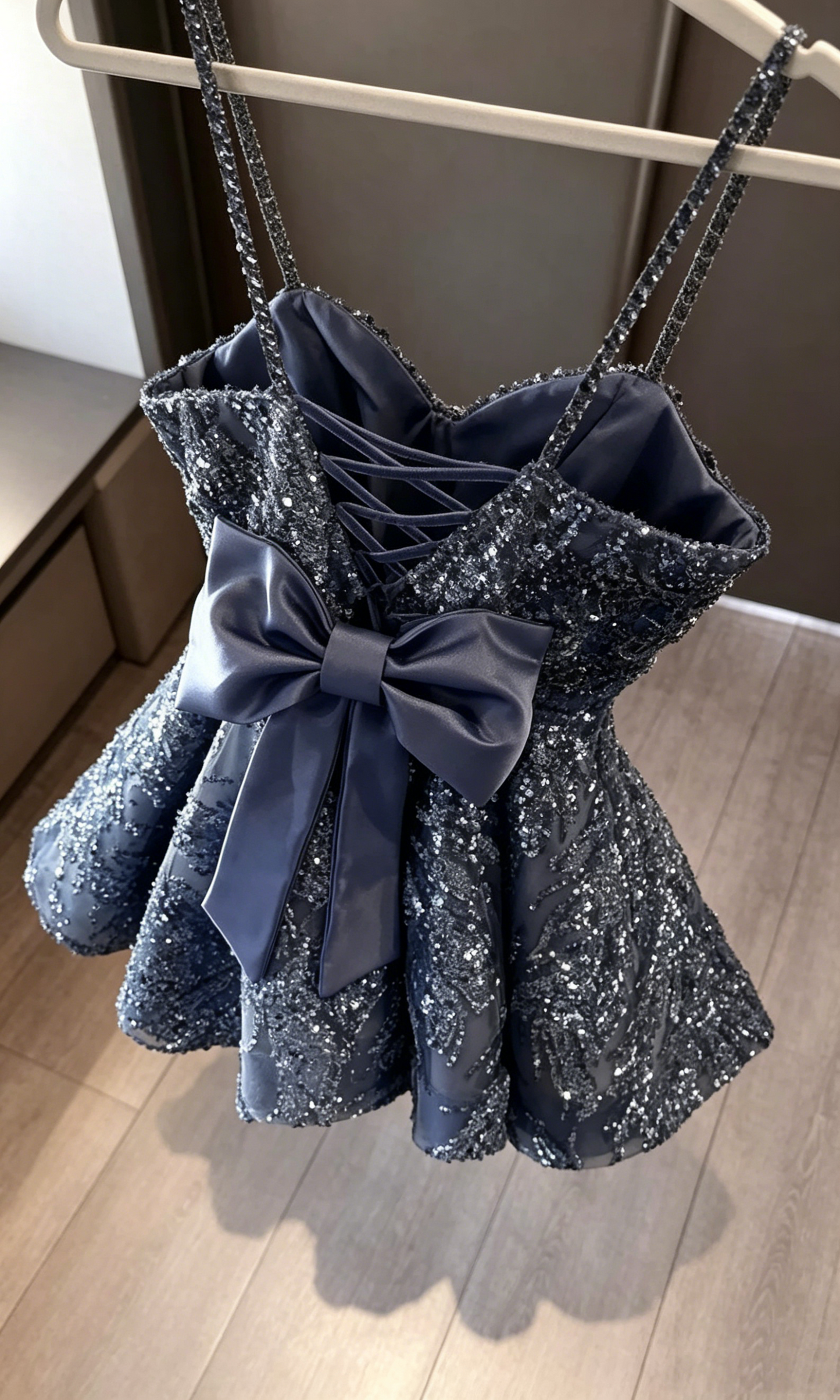 Robe de bal élégante à bretelles fines bleu poudré à paillettes courte mini lycéenne épater inspo robe de remise des diplômes robes de bal RB3322