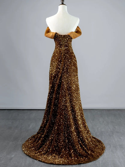 Robe de bal longue à sequins, coupe trapèze, épaules dénudées, style sage, idéale pour les jeunes filles (N1167)