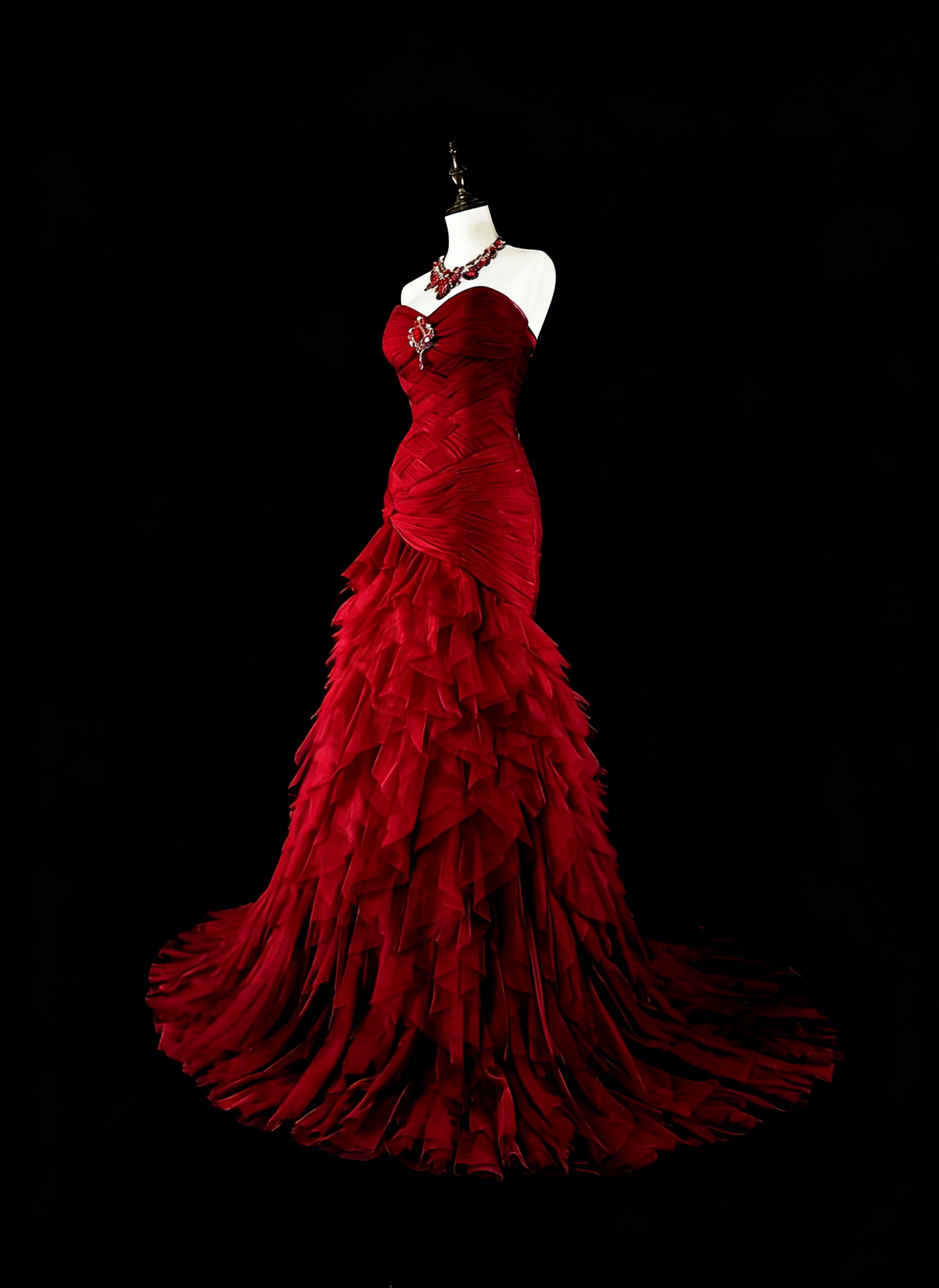 Robes de bal vintage sirène bustier cœur rouge tulle avec couches étagées longue robe de soirée N2376