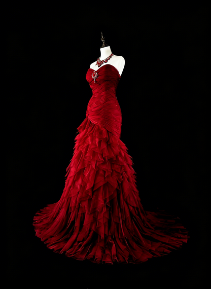 Robes de bal vintage sirène bustier cœur rouge tulle avec couches étagées longue robe de soirée N2376