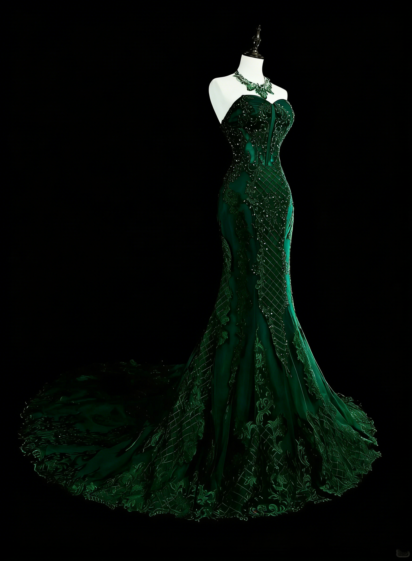 Vintage 1960s Mermaid Sweetheart Dark Green With Crystals Gems Sleeveless Long Prom Formal Dresses N1593