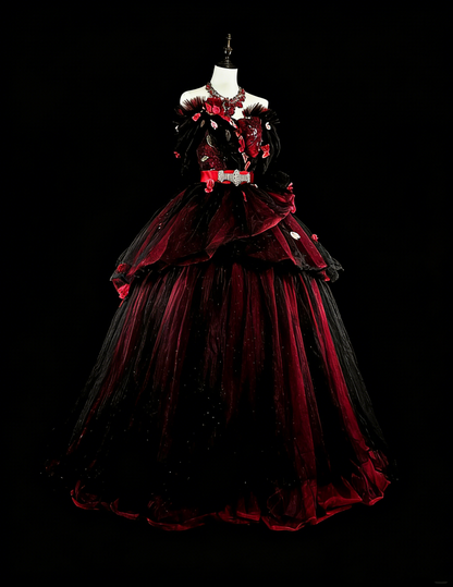 Modest Prom Dresses Ball Gown Strapless Burgundy Tulle With Appliqued Long Quince Dress N3066