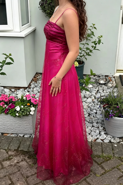 Robes de bal longues rose vif sans manches à fines bretelles et ligne A vintage pour femmes N4189