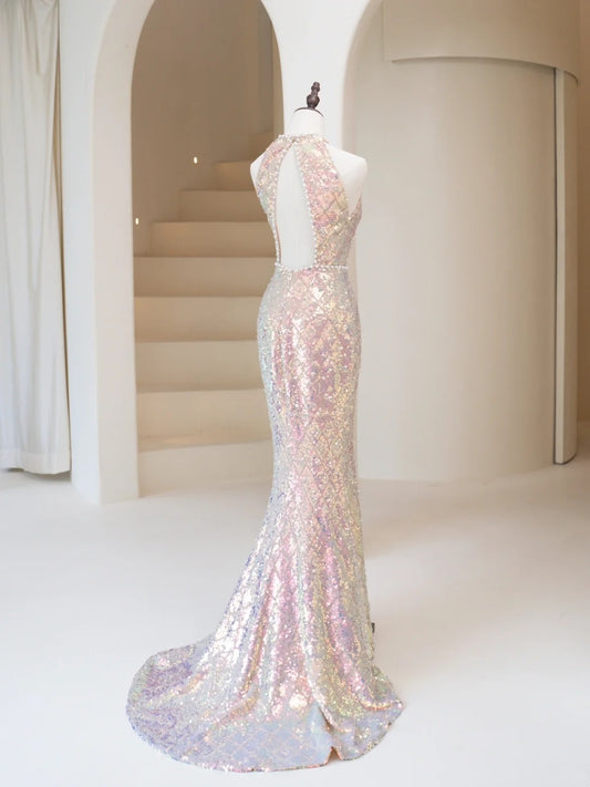 Simple Mermaid Scoop Sequin Long Prom Dresses With Bow Formal Gowns Inspo Evening Outfit N227