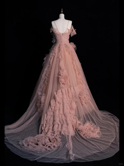 Robe de bal longue rose en tulle à fines bretelles - Inspiration robes de soirée - Robe de bal formelle N1214