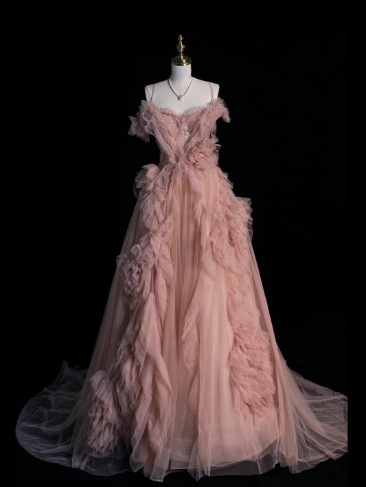 Modest Ball Gown Spaghetti Strap Pink Tulle Long Formal Evening Dress Gowns Formal Prom Dresses N750