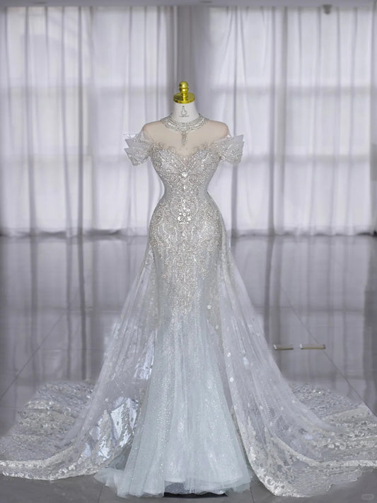 Modest Wedding Dresses Mermaid Off The Shoulder Sequin With Beading Long Bridal Gown N2993