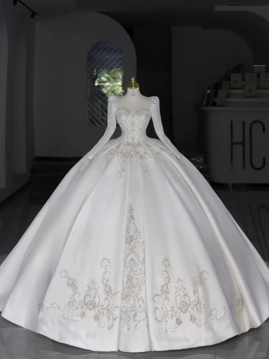 Timeless Wedding Dresses Ball Gown Sweetheart White Satin Long Sleeves With Appliqued Long Bridal Gown N2984