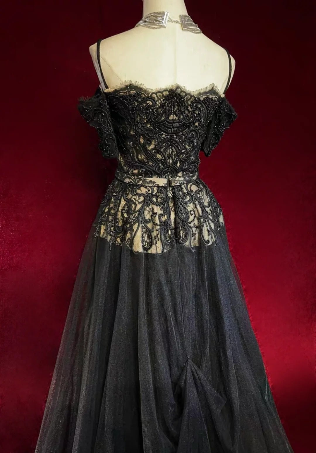 Retro Abendkleid Abschlussball Vintage Kleider Meerjungfrau Spaghettiträger Schwarz Spitze mit Schleppe Lange 90er Formelle Outfits N2325