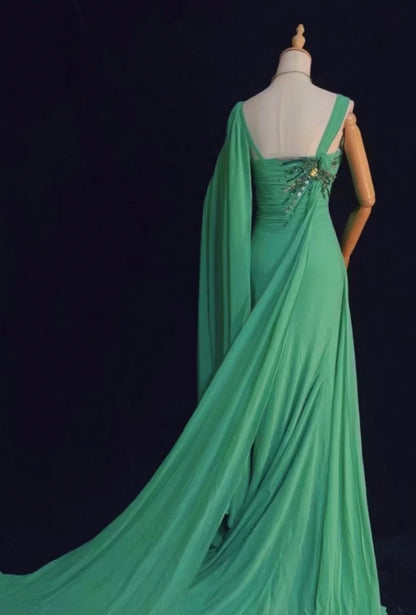 Elegantes Meerjungfrauen-Abendkleid mit One-Shoulder, grünem Chiffon und silbernem Perlenoberteil, langes Ballkleid N2726