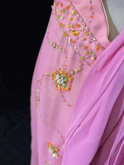 Idées de robes de bal modestes sirène col en V mousseline rose avec perles à volants pour femme robe de soirée formelle N3231