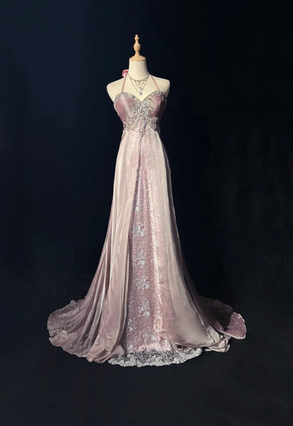 Vintage Ballkleid-Ästhetik A-Linie Neckholder Hellrosa Chiffon mit Perlenbesatz Langes Abendkleid N3034