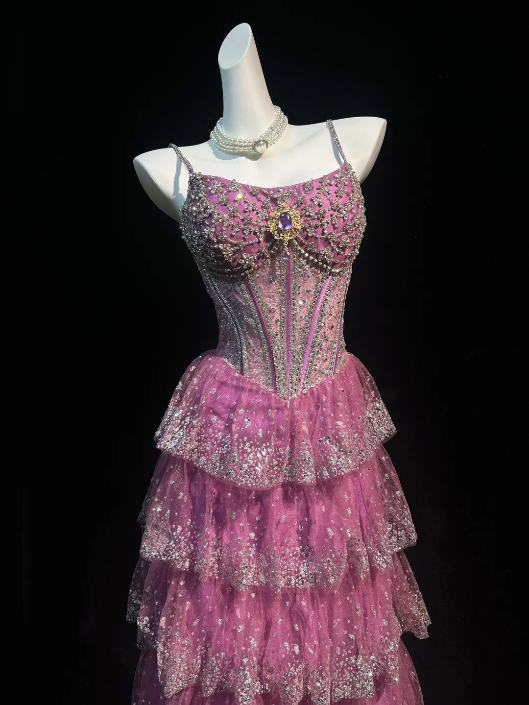Vintage Prom Dresses A line Spaghetti Strap Pink Lace 80s With Tiered Layers Long Formal Evening Outfits N4207