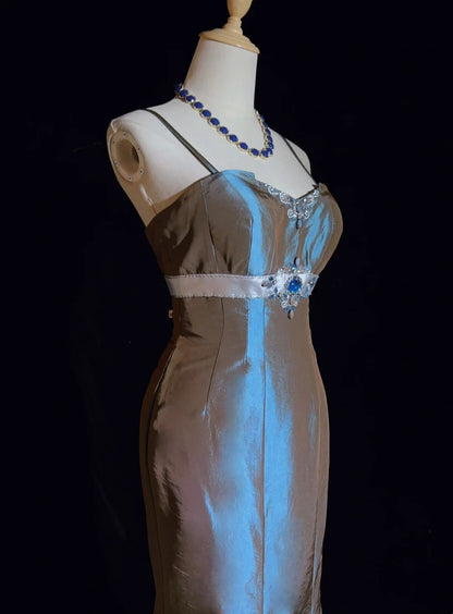 Robes de bal de rêve années 90 sirène à fines bretelles en satin avec perles tenues de soirée formelles N3825