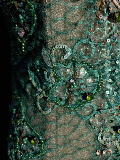 Robes de bal vintage des années 90 sirène col montant en satin vert avec applique, fente longue, tenues de soirée semi-formelles N3662