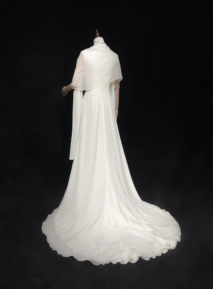 Schlichte Brautkleider A-Linie Spaghettiträger Chiffon Weiß Plissiert Sommer Strand Langes Hochzeitskleid N3831