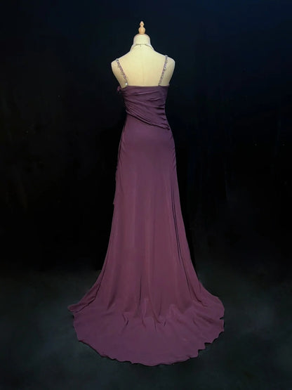 Elegante Ballkleider A-Linie Lila Chiffon Rüschen Bodenlang Formelle Abendoutfits N3488