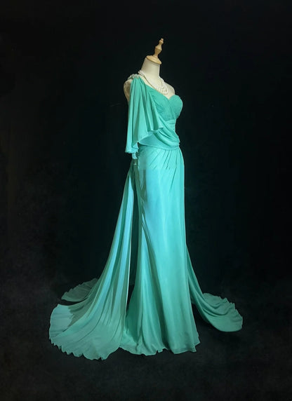 Robes de bal vintage Sirène Asymétrique Bleu Mousseline Années 80 Robe longue de soirée N2758
