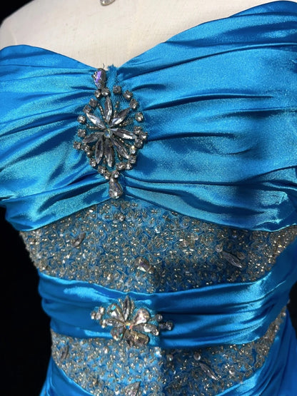 Bescheidene Ballkleider Inspo Meerjungfrau Sweetheart Blaues Satin mit Perlen für Damen Abendkleid N3213