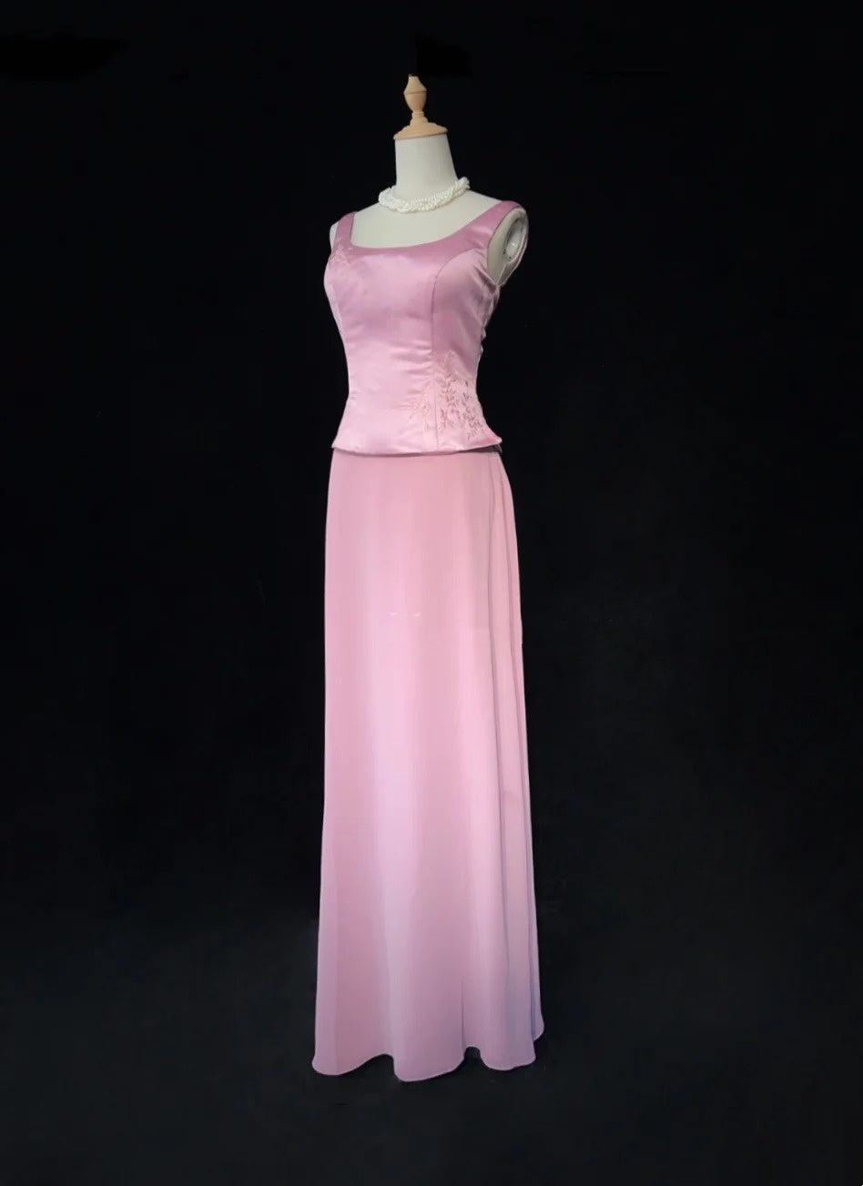 Vintage Prom Dresses A line Square Neck Pink Satin With Pearls 90s Long Formal Evening Gown N2662